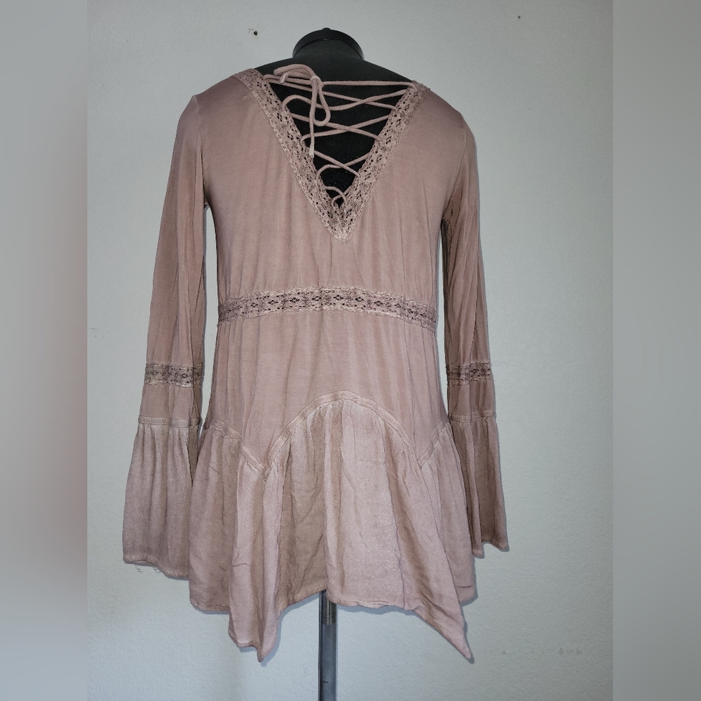 Rose Pink Light Washed Bell Long Sleeeve Boho Oversized Top Back Tie Back Small - Picture 7 of 9
